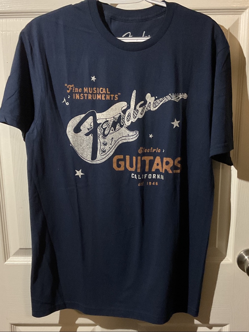 Fender Navy Tee with Cream and Tan Guitar Graphic
